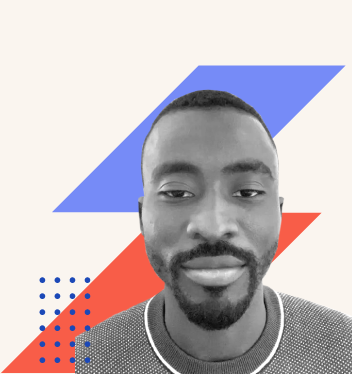 Headshot of smiling Nigerian man in tshirt, against graphic design shapes